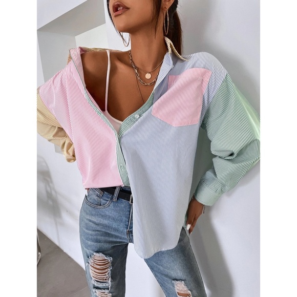 Multicolor Striped Casual Oversized Button Down Shirt Blue, Green, Yellow, Pink - Picture 4 of 11